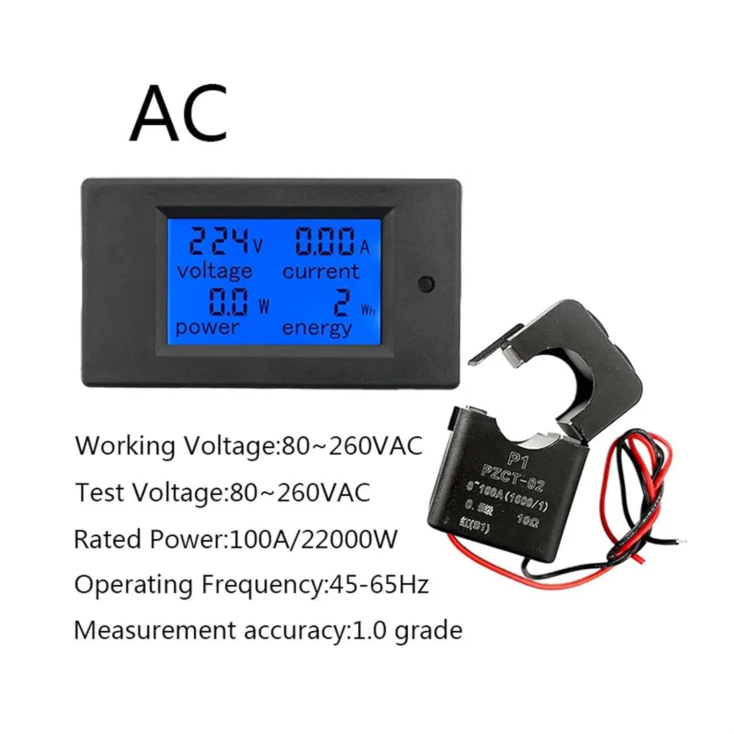 AC80-260V 0-100A 0-20A Digital Voltmeter Ammeter Power Energy Tester 110V 220V Current Voltage Meter Power Wattmeter(100A Meter NCT Coil)