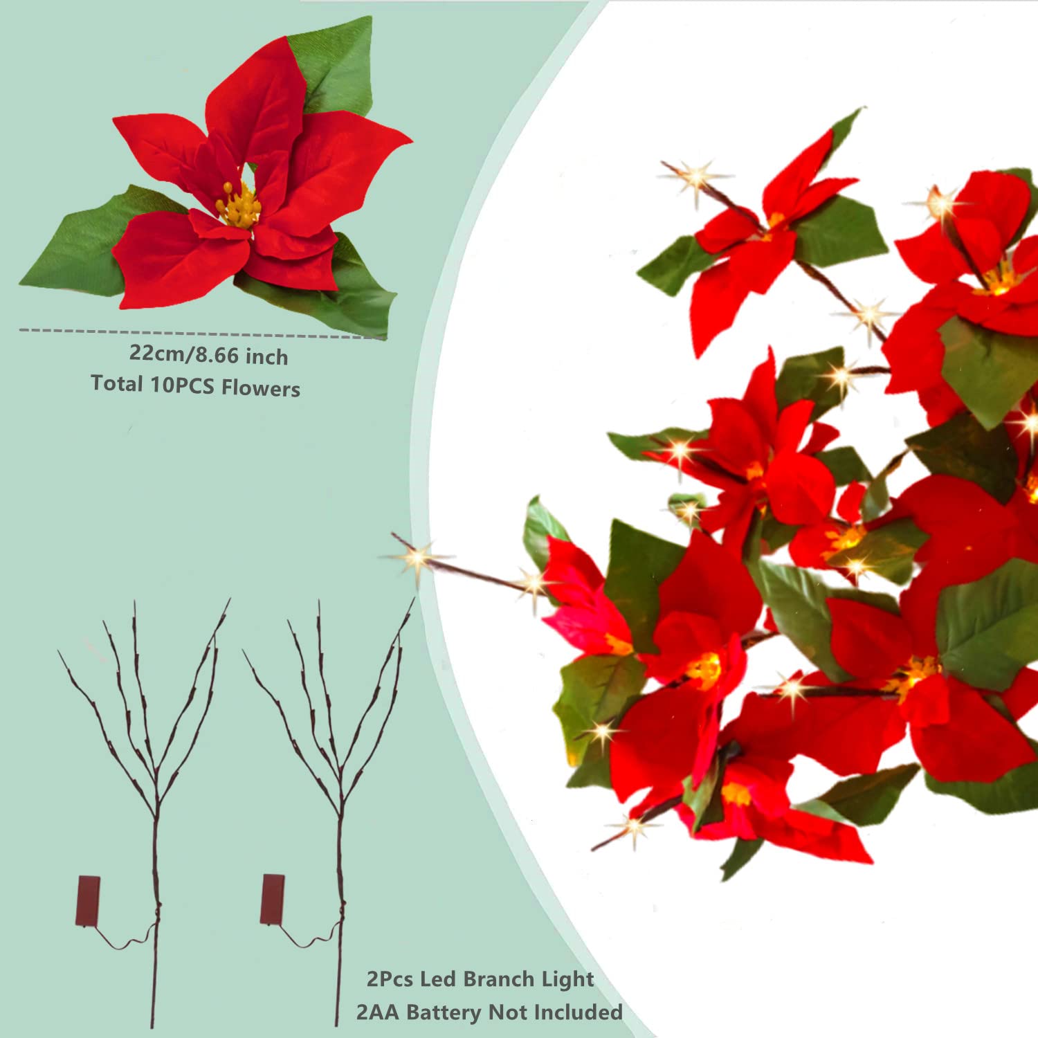 Lot de 2 branches de poinsettia à LED à piles - Branche florale artificielle - Petite brindille - Marron - 76,2 cm - 20 LED pour décoration romantique de la maison (Poinsettia rouge)
