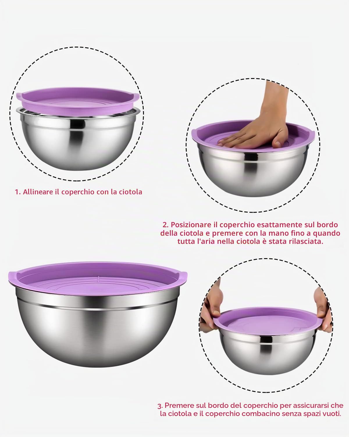 Set di 7 ciotole in acciaio inossidabile con coperchi colorati, ciotole miscelatori, insalatiere, impilabili per riporre minimi, cottura essenziale, utensili da cucina