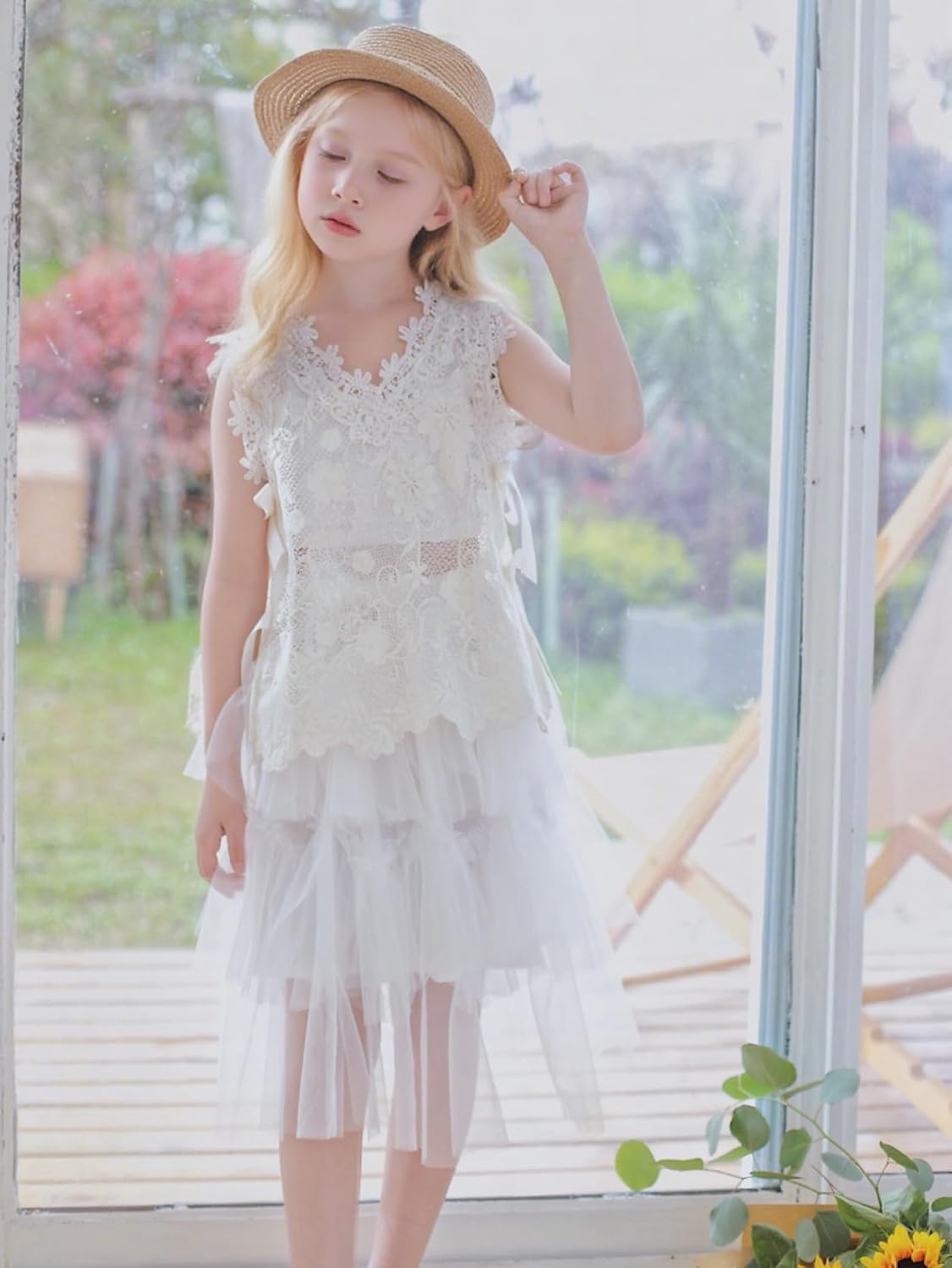 NEW 4-14 Years Girls Boho Outfit 2 Piece Lace Vest Top and Tiered Tulle Skirt Set