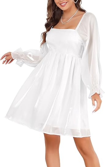 KOJOOIN Womens Puff Sleeve Square Neck Puffy Dress Babydoll Mesh Midi Dress White S