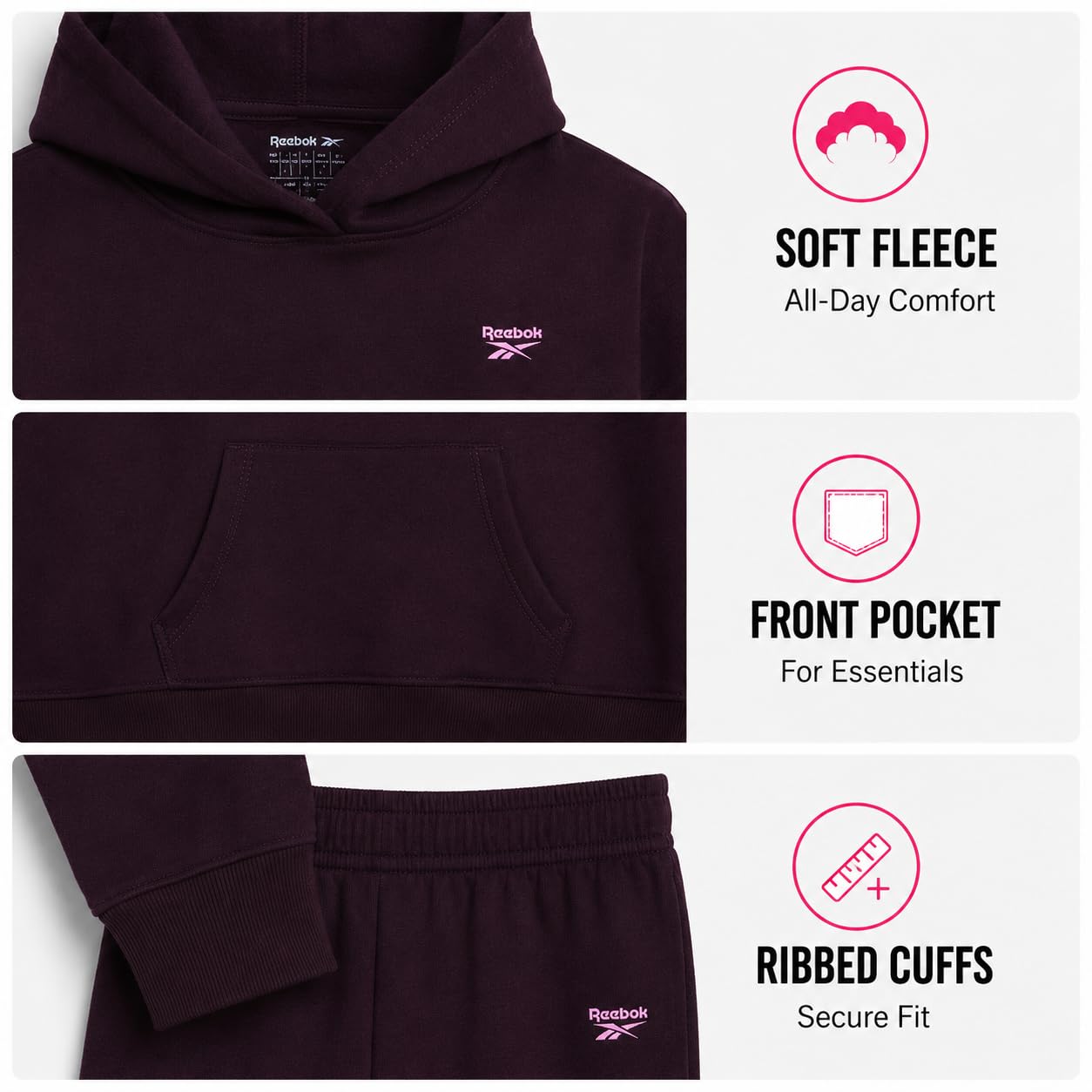 Reebok da Set 2 pezzi felpa con cappuccio tuta e pantaloni della per ragazze