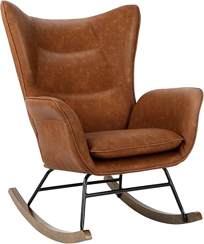 Gecheer Rocker - Silla mecedora moderna de piel sintética, con base de madera, respaldo alto y reposabrazos, asiento acolchado, cómoda silla