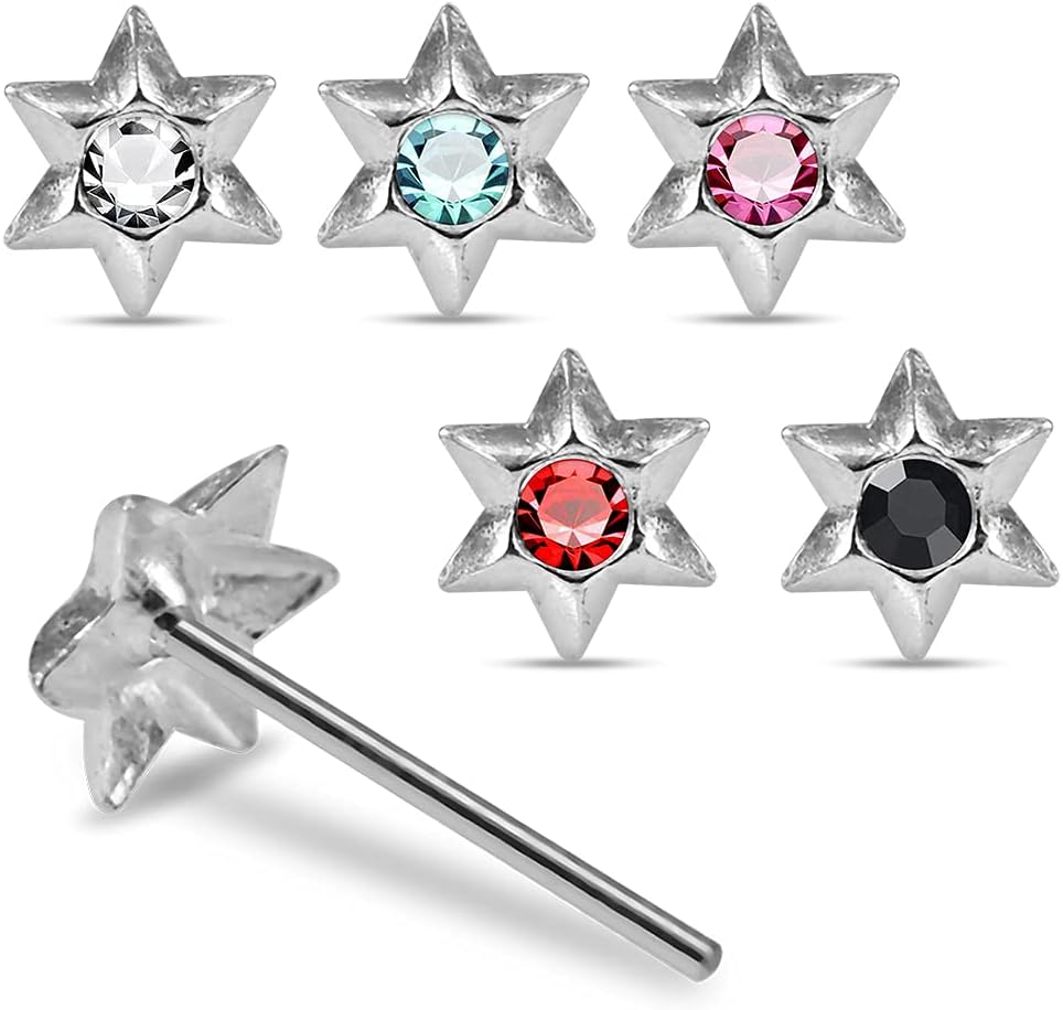 Crystal Stone Hexagon Star Design 22 Gauge 925 Sterling Silver Straight Nose Pin - Nose Stud - Tiny Nose Ring - Nose Piercing Body Jewelry