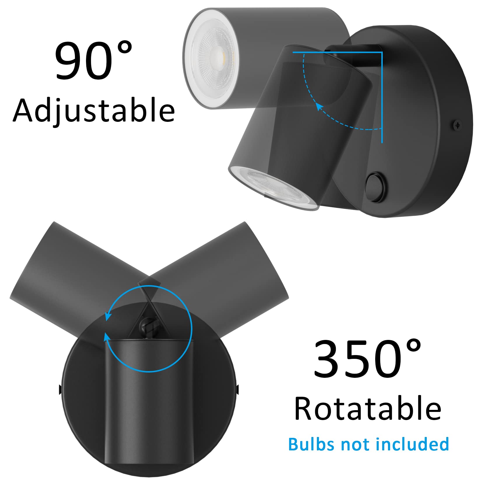 Kligthten 2 pcs Applique Murale Interieur, GU10 Spot Mural, Lampe Murale Orientables avec Bouton, Moderne Spot de Plafond Aluminium, pour Chambre Salon Cuisine, Ampoule non Incluse, Noir