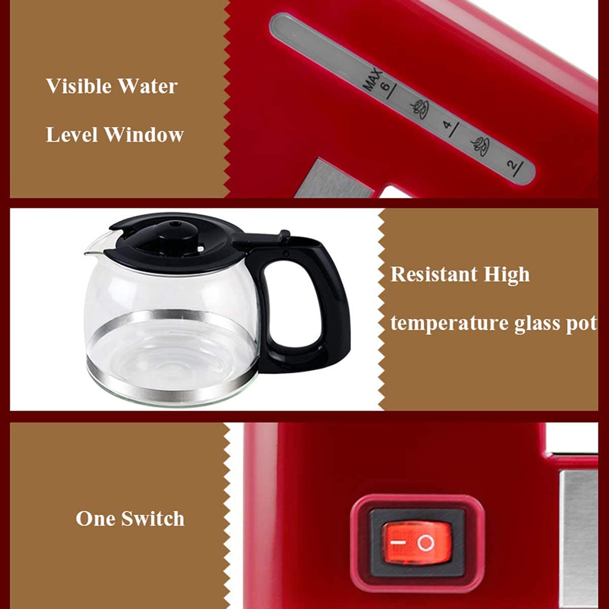 CUNTO Macchina da caffè con filtro TEmkin, macchine da caffè americano per caffè e tè con caraffa in vetro da 600 ml Macchina da caffè con filtro rimovibile Design antigoccia Mantieni caldo 550W