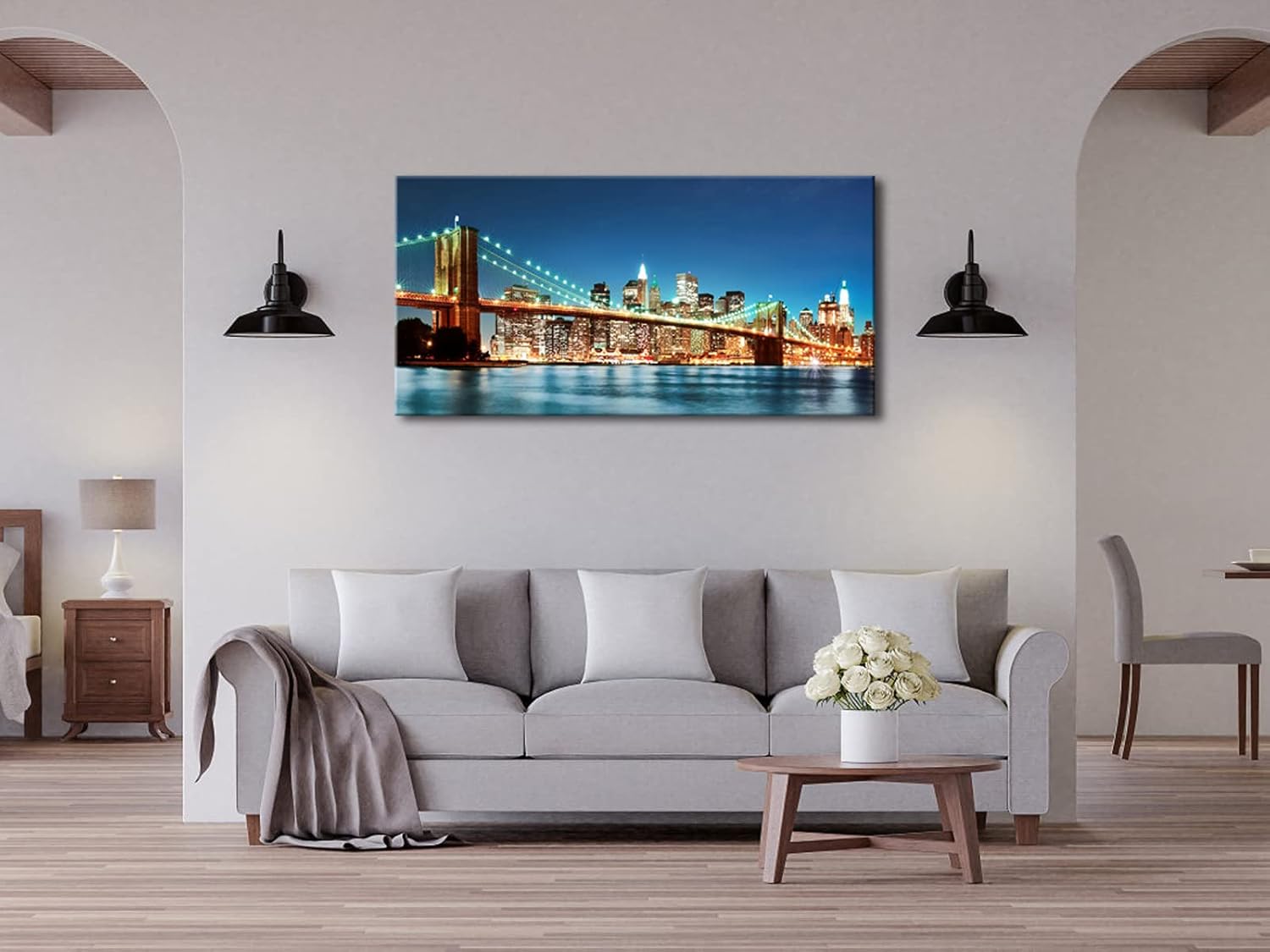 Pyradecor Large Modern New York Cityscape Canvas Wall Art Brooklyn Bridge Night View Canvas Prints Stretched Landscape Pictures Paintings Artwork for Living Room Home Decorations L