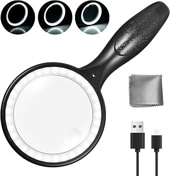 Magnifying Glass with Light | Hands-Free Illuminated Magnifier for Close Work, Reading & Hobbies | Adjustable LED Glasses with 3 Lenses