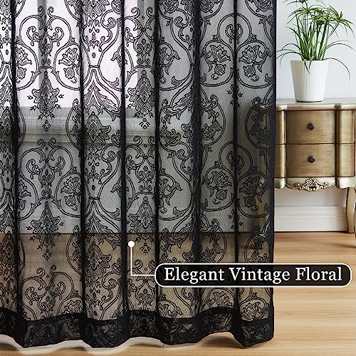 Image of Black Lace Curtains 84 inch Damask Sheer Curtain Panels for Living Room Bedroom Luxury Vintage Light Filtering Victorian Drapes Black Window Treatment Sets Rod Pocket 2 Panels 54 inch W