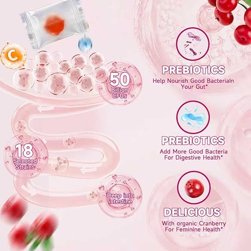 Miniatura 5 de HBOOX Gomitas probióticas para mujer, sabor a arándano, 60 unidades, con 5 mil millones de UFC, apoyo de equilibrio femenino para pH, levadura y