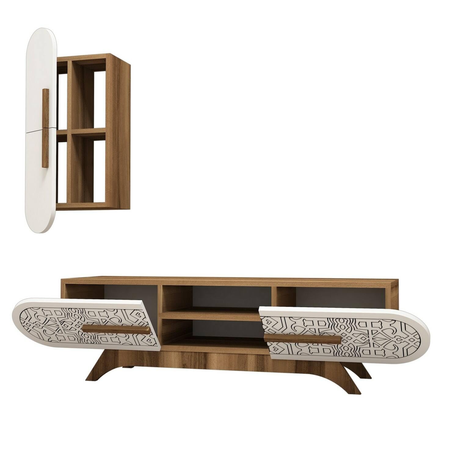 Dmora - Parete attrezzata Nemb, Composizione soggiorno, Mobile salotto multiuso, Armadio porta TV, 145x35h37 cm, Noce e Bianco