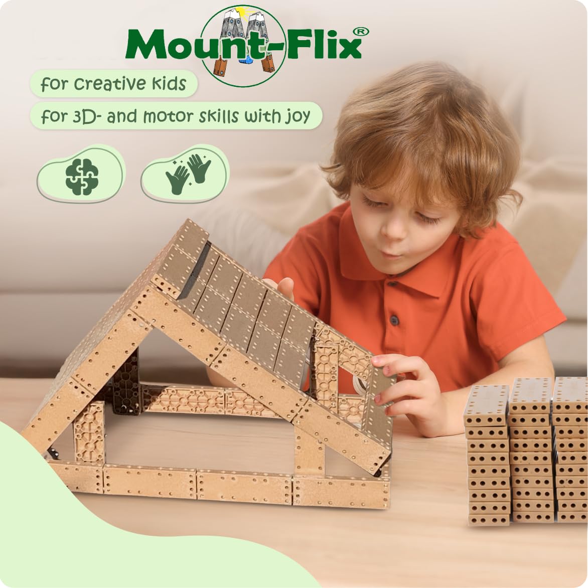 Basis-Set kreatives Kinderspielzeug aus vorwiegend Recycling-Kunstkork, Konstruktions-Baukasten mit 160 steckbaren flexiblen Bausteinen inkl. brettspielartigen Turmbau-Würfelspiel