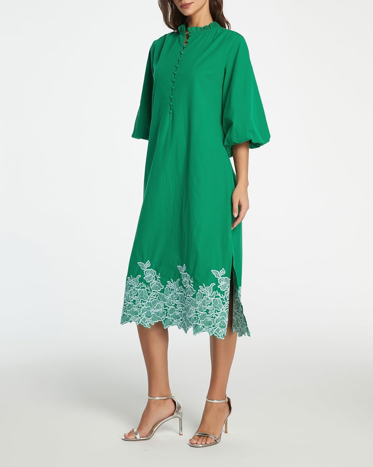 Kedera Womens Midi Summer Dresses Casual 3/4 Sleeve V Neck Button Up Embroidered Cotton Flowy Dress 2025 with Pocket - Image 4