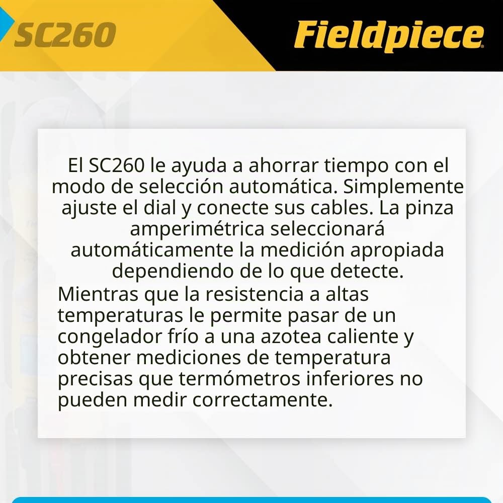 Fieldpiece Multímetro compacto de abrazadera HVACR SC260 - Medidor de abrazadera RMS verdadero con temperatura, capacitancia y retroiluminación