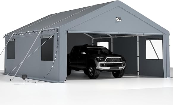 2 Car Carports 20X20 Heavy Duty,Car Ports with 180G Removable Side Walls, Carport Canopy, Portable Car Port Garage, Car Shelter All Weather,Grey