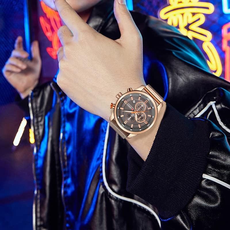 Image of FANMIS Mens Sport Military Analog Quartz Watch Chronograph Classic Casual Business Dress Waterproof Watch Multifunctional Wristwatch with Leather Strap