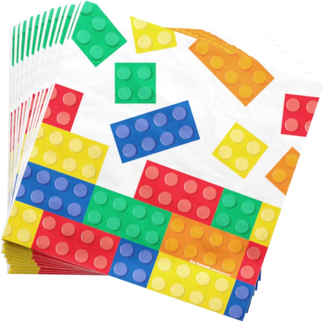 Blue Orchards Brick Party Supplies Packs (100 Pieces for 16 Guests) - Building Block, Gaming Birthday Decorations, Gamer Blocks Decor, Brick Theme, Birthday Plates, Napkins, Plastic Cutlery, Fun Bash image 5