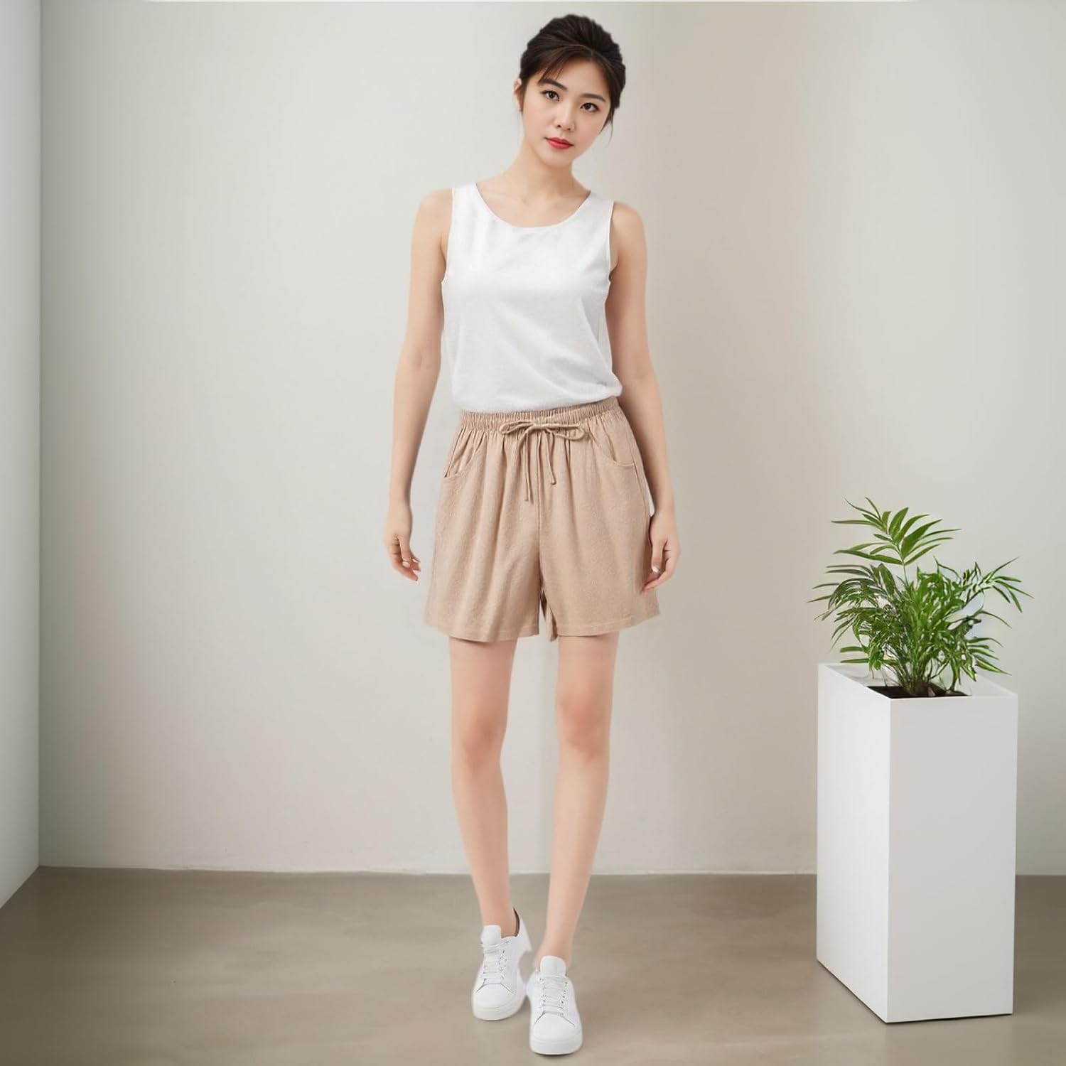 Women's Casual Pants for Comfortable Everyday Wear Drawstring Linen Shorts