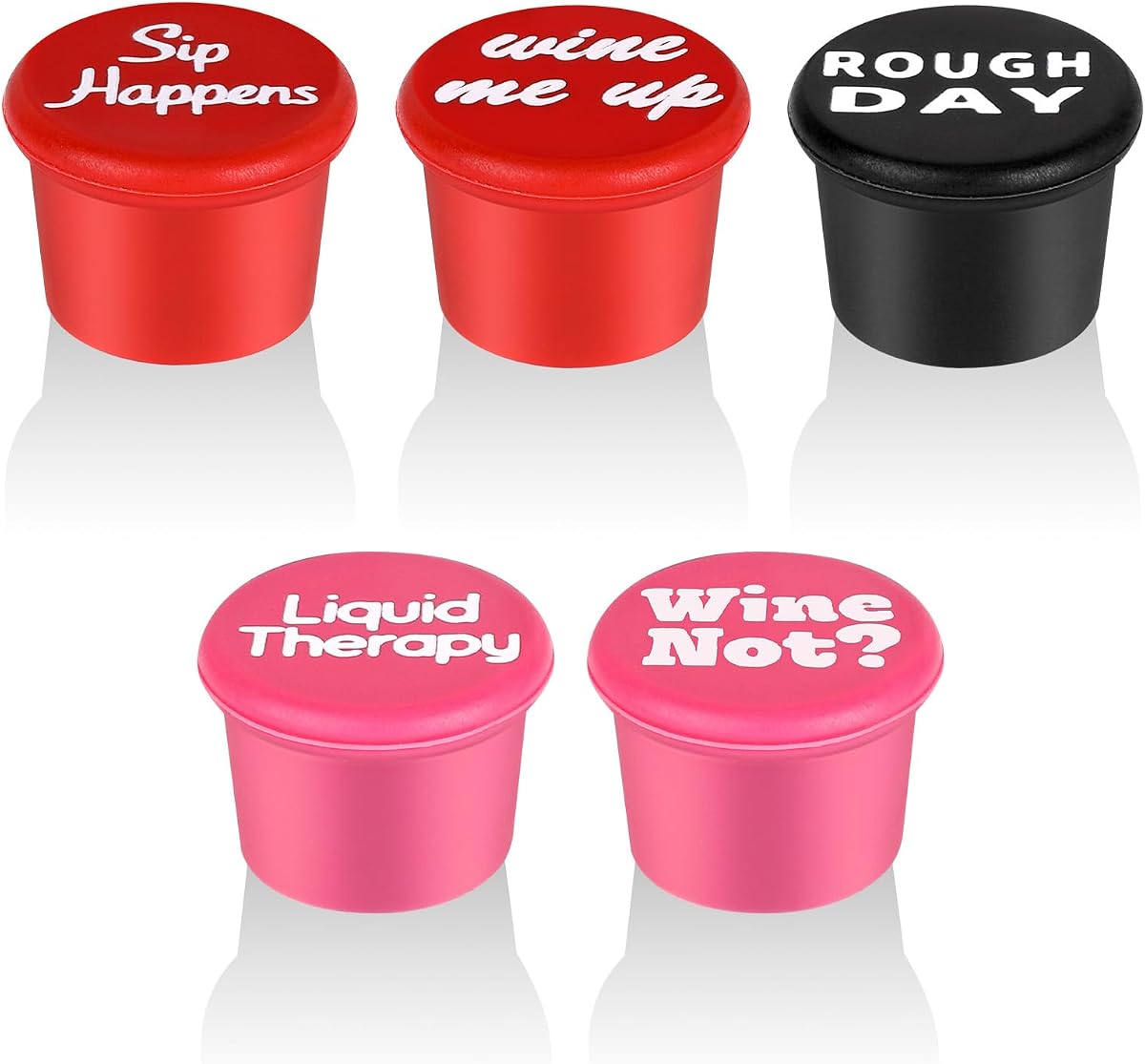Paquete de 5 Tapones de Vino de Silicona, Tapas de Botellas Reutilizables con Sello Hermético, Diseño Decorativo Divertido, Accesorios de Vino para Preservar la Frescura, Negro y Rojo