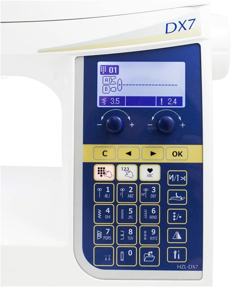 Close-up of the Juki HZL-DX7 control panel with LCD screen and buttons