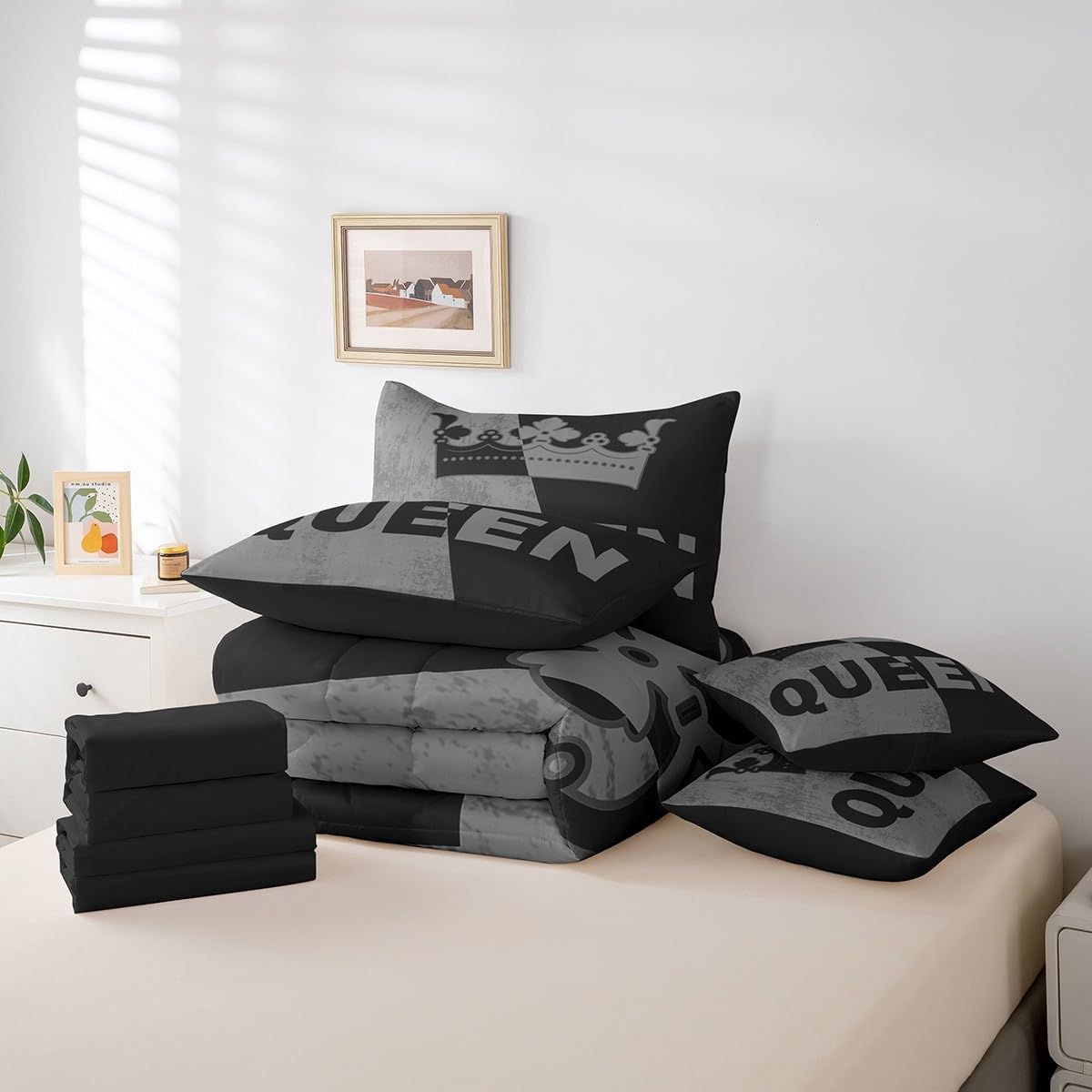 Erosebridal Queen Crown Bed in a Bag Queen Comforter Set 7 Piece,Retro Black and Gray Bedding Set,Romantic Valentine's Day Comforter and Sheet Set for Couple,Couple Gifts for Him and Her