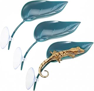 3 Pcs Leaf Shape Crested Gecko Hide, Plastic Wall Climbing Leaf Platform with Suction Cups Reptile Tank Accessories for Tree Frog Turtle Leopard Gecko (Dark Green)