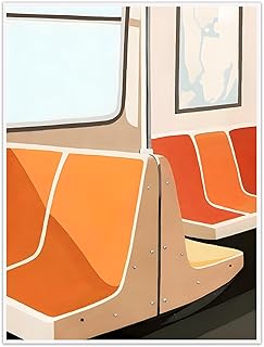 New York Subway Canvas Poster, NYC Inside Subway Train Wall Art, Vintage Orange Poster Cartoom Subway Seats Picture Prints Wall Decor for Home Apartment 12x16 in Unframed