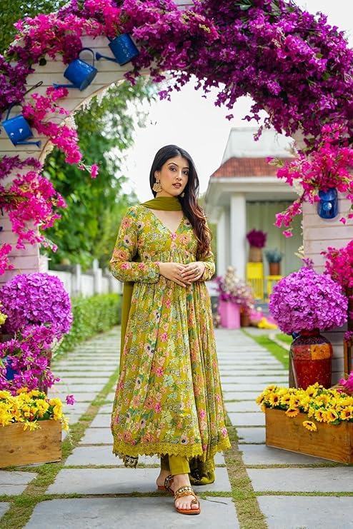 Image of KD Women's Floral Print Anarkali Kurta Set with Pant and Dupatta, Georgette, Full Sleeves, Asymmetric Hemline