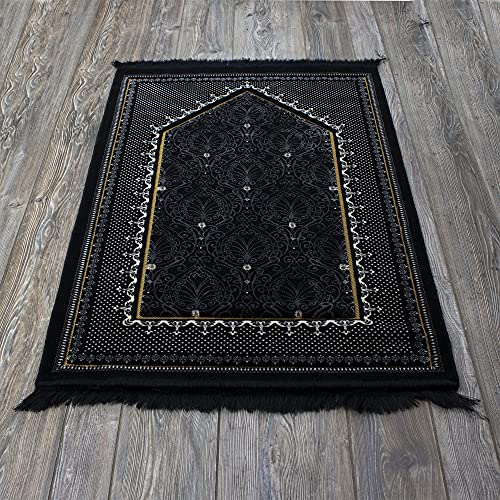 Modefa Turkish Islamic Velvet Prayer Rug - Thick & Wide Soft Praying Carpet For Men & Women - Large Traditional Muslim Salah Mat - Ramadan & Eid Gift - With Car Hanger - Double Plush Topkapi (Black) #TOP4