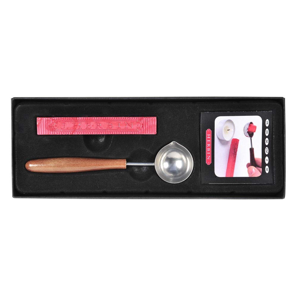 EXACOMPTA Herbin 46100T - Un coffret traditionnel comprenant une cuillère à cire, un bâton de cire nacrée rouge et une notice 18 x 7 x 1.60