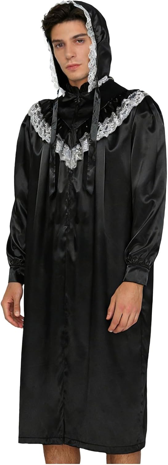 Vxuxlje Mens Shiny Satin Victorian Nightgown Ruffled Lace Trim Front Zipper Pajamas Robe with Hat