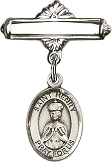 Sterling Silver Baby Badge with St. Henry II Charm and Polished Badge Pin 1 X 5/8 inches
