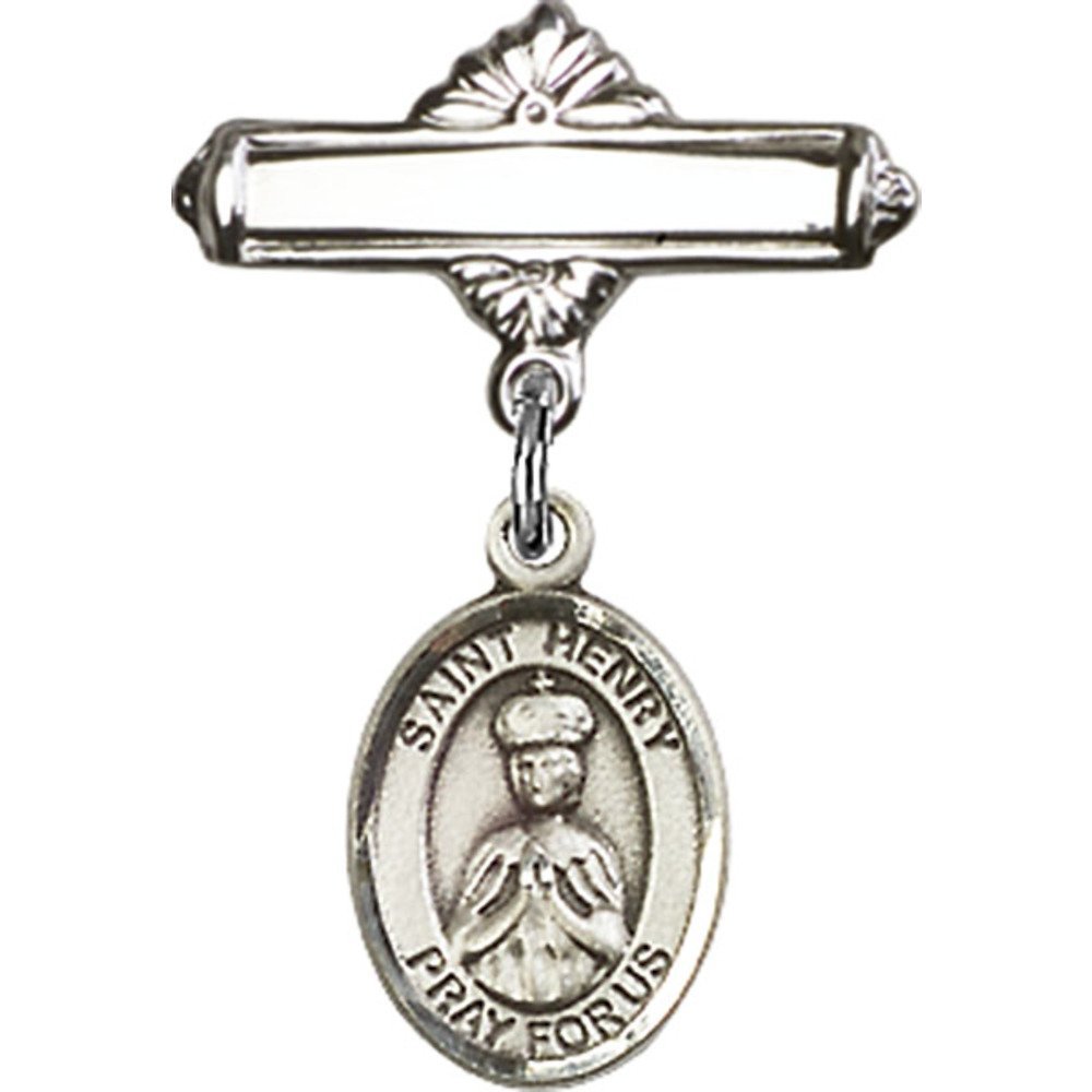 Sterling Silver Baby Badge with St. Henry II Charm and Polished Badge Pin 1 X 5/8 inches