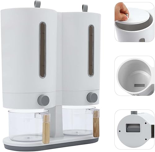 Miniatura 4 de DYNAMI Dispensador de cereales 2 en 1, dispensador de alimentos secos de doble control con tazas de arroz, dispensadores de alimentos de cereales de