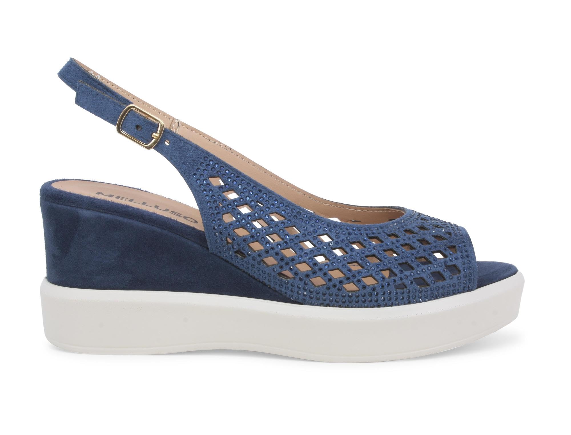 Sandale compensée bleue à strass pour vos soirées d'été chic