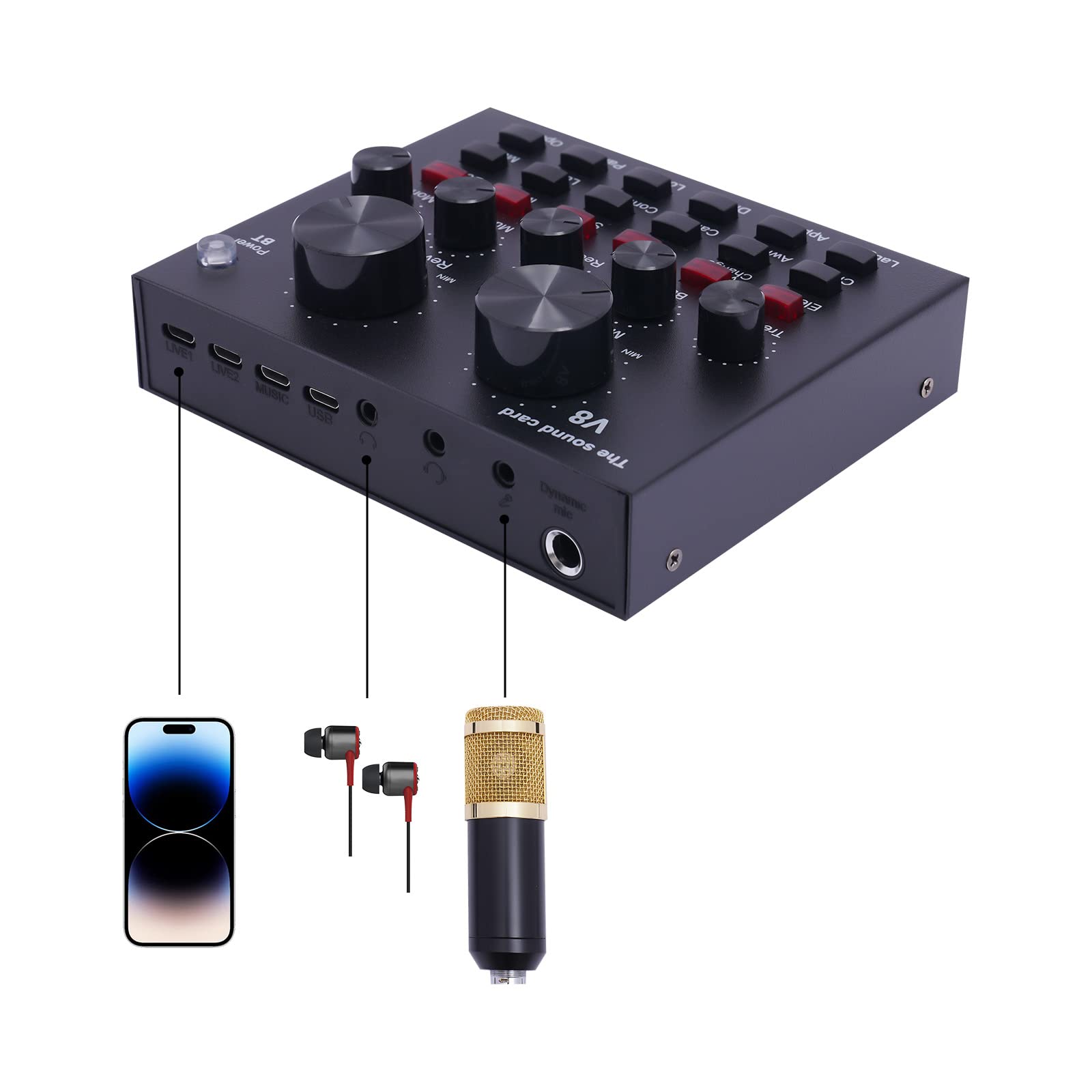 Juego De Micrófono De Condensador V8, Tarjeta De Sonido En Vivo, Mezcladora De Audio, Cambio De Voz con Suspensión De Micrófono, Micrófono USB para Transmisión En Directo