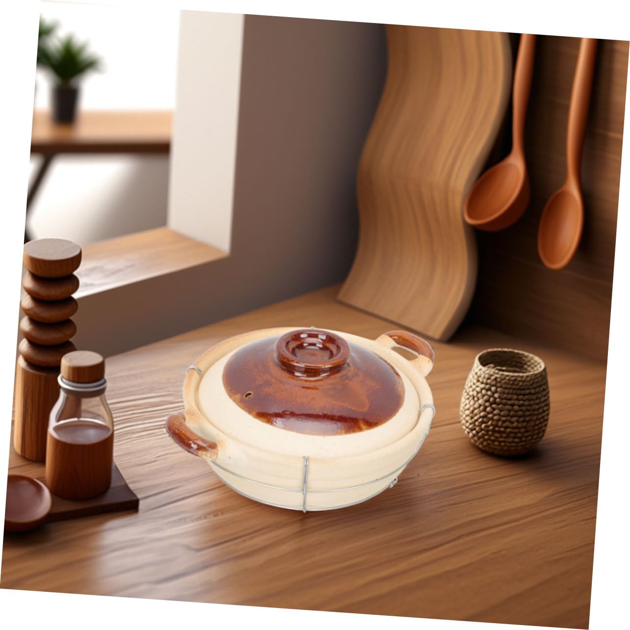 Luxshiny Cazuela de Barro para Horno con Tapa y Mango Ergonómico, Olla para Cocinar Sopas y Estofados en Cocina Casera, Pack de 2 Piezas Beige