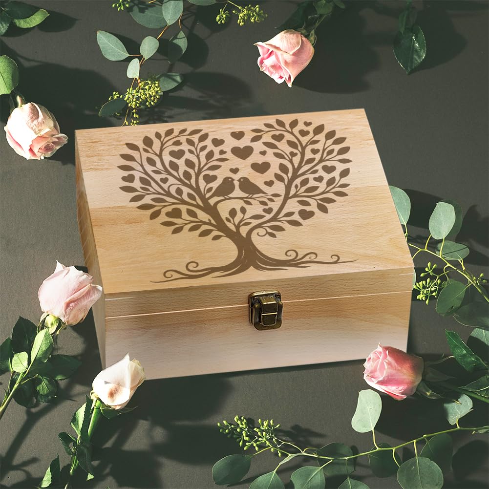Arricraft 1 Pezzo Scatola per Ricordi in Legno, Albero dell'Amore a Forma di Cuore con Uccelli, Scatola per Memorie Decorativa in Legno con Coperchi a Cerniera per Foto di Anniversario, DVD, Lettere
