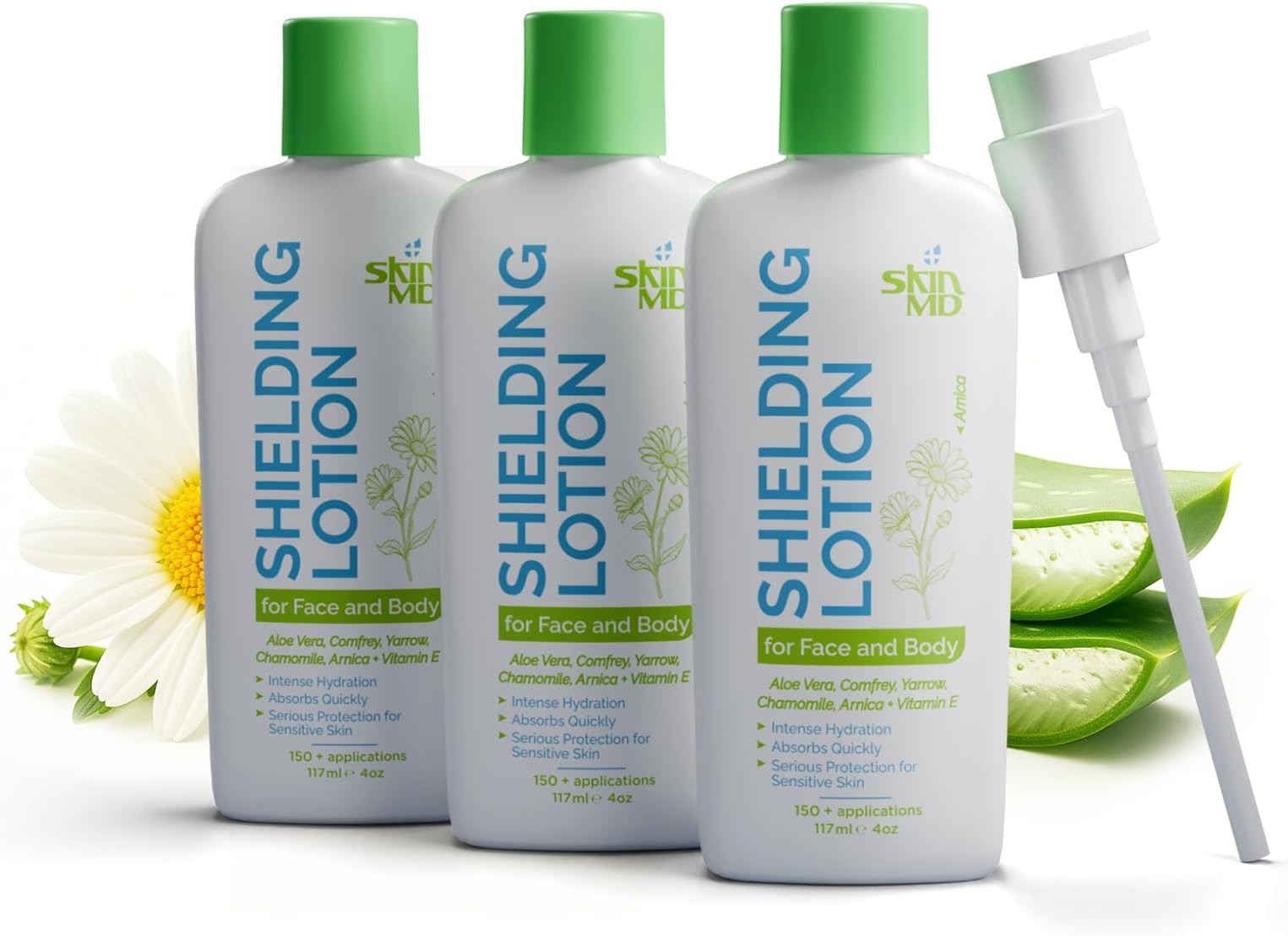Skin MD Shielding Lotion Hydrating Body Lotion for Sensitive Skin with Dispenser | Non-Greasy, Fast-Absorbing Moisturizer with Plant-Based Ingredients, Eczema & Psoriasis Relief - 4oz 3-Pack