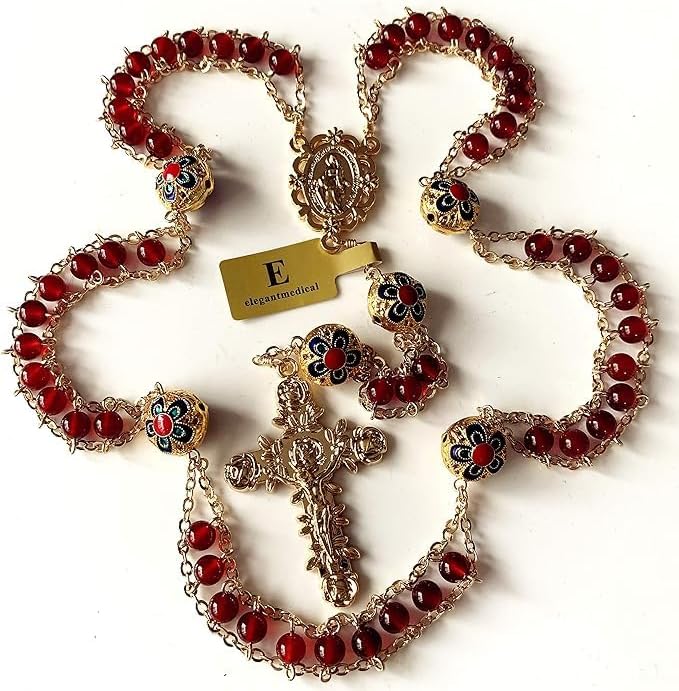 elegantmedical handmade ladder to heaven red agate & enamel beads catholic rosary crucifix necklace box - Image 3
