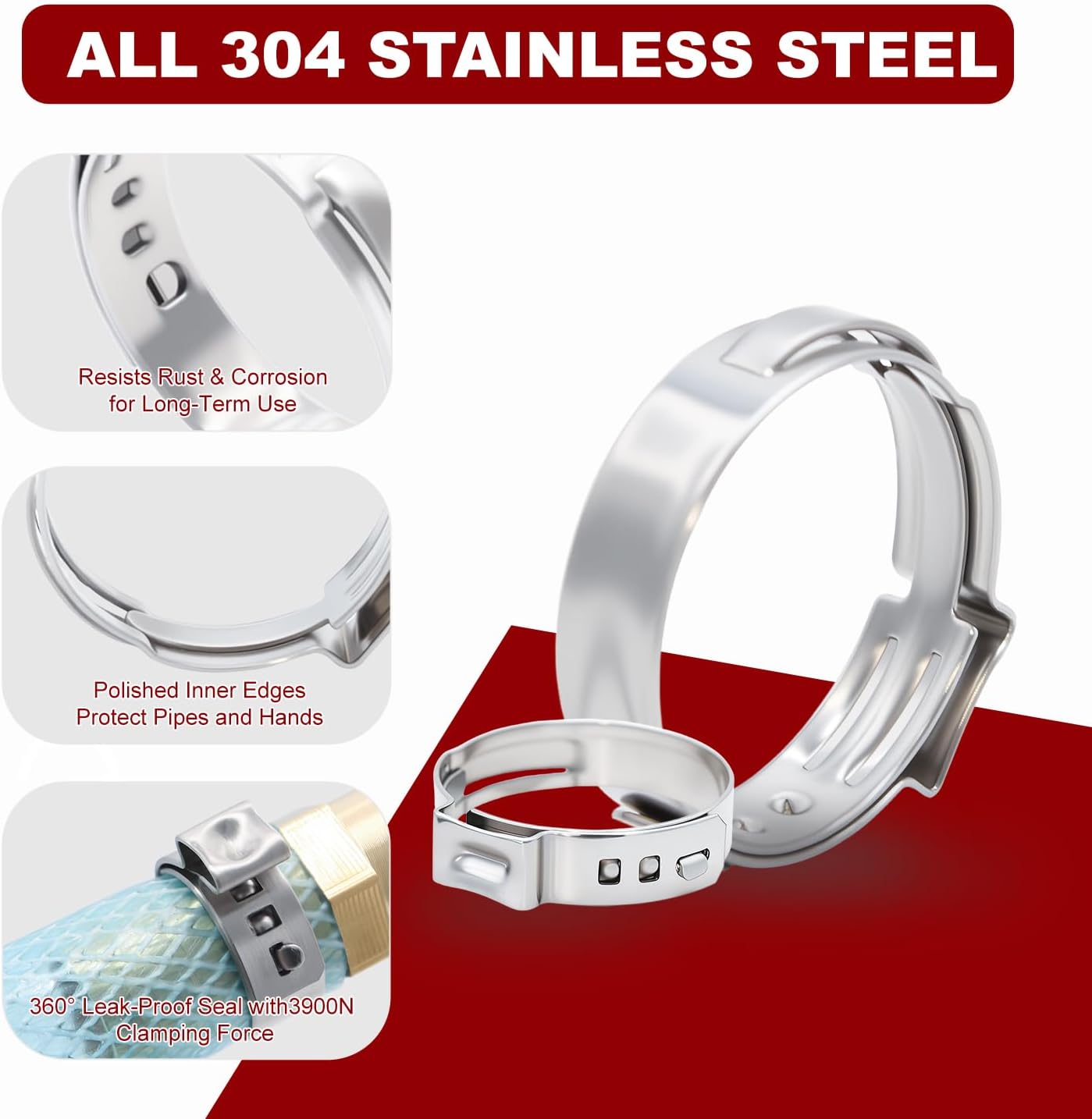 50pcs 1 inch PEX Cinch Clamps Rings, Heavy Duty 304 Stainless Steel Single Ear Hose Clamps, Thickened Pex Crimp Rings for PEX Tubing Pipe Fitting Connections