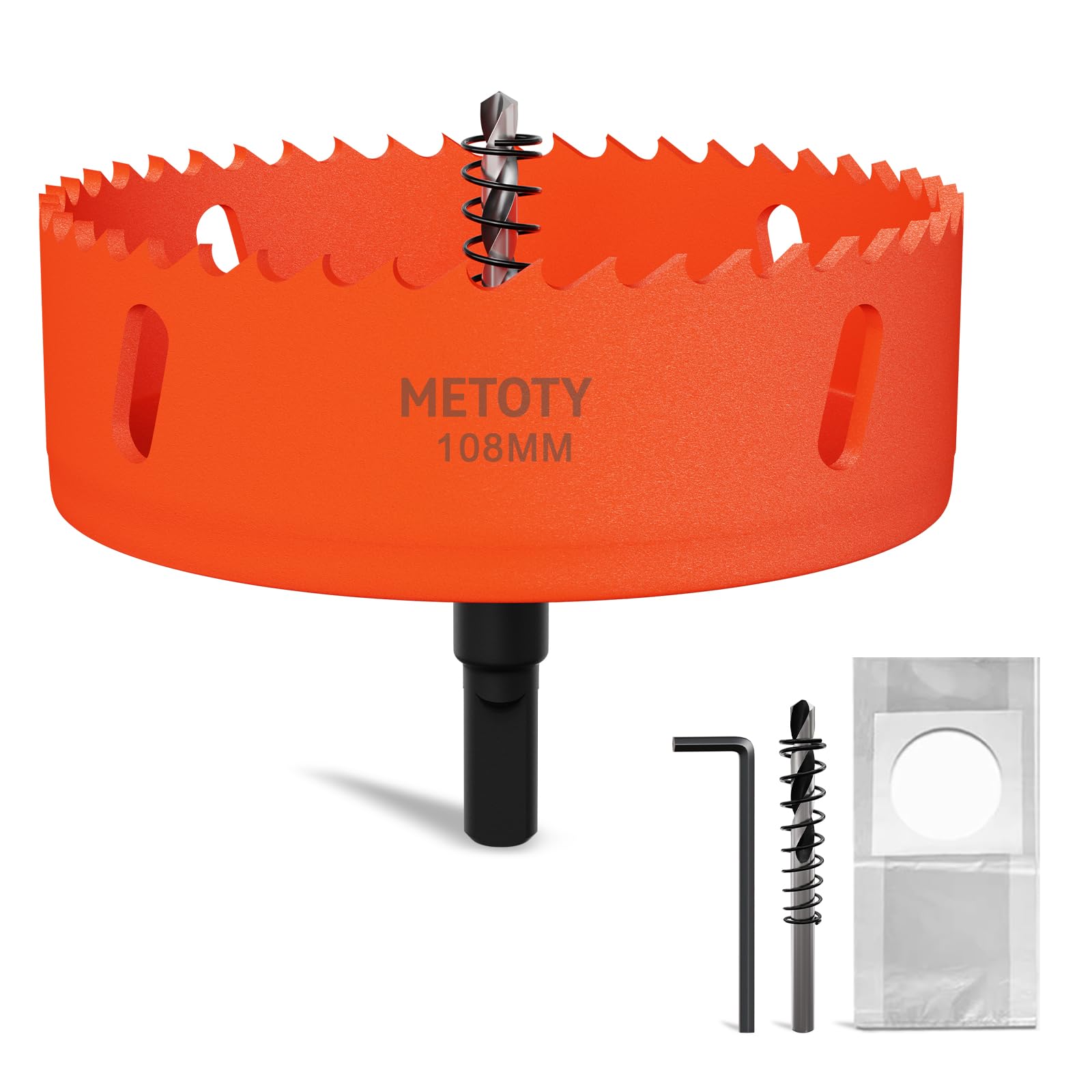 METOTY 108mm Bi-Metal Hole Saw,Universal HSS M42 Hole Saws,with Triangular Shaft Adapter and Centring Drill, One Free Dust Bag for Aluminum, Metals, Plastics, Acrylic Glass, Wood, Gypsum board