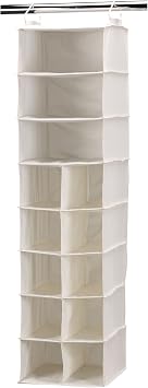 Household Essentials Hanging Shoe Organizer, Natural Canvas, Clothes Storage, 10 Pockets and 3 Shelves, Collapsible, Cream