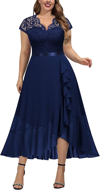 Miusol Womens Plus Size V Neck Elegant Floral Lace Ruffle Bridesmaid Maxi Dress | Mother of the Bride Dress,Elegant V-Neck,Asymmetrical Ruffle Hem,Flowy Chffion Long Dress,Suit For Formal Wedding Guest Dress