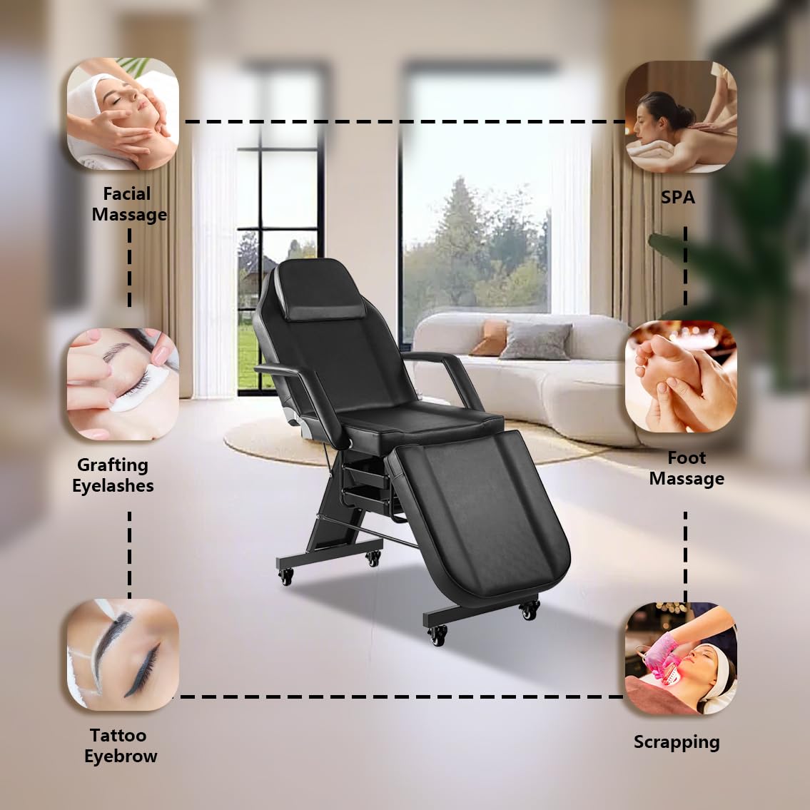 Facial Chair with Wheel Tattoo Chair for Client Beauty Chair Artist Spa Bed Removable Headrest for Client, Esthetician, Artist, Lash Bed Black - Image 5
