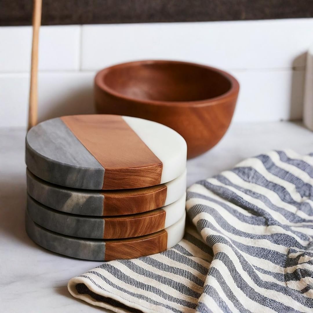 Ikari Homes Marblewood Love Brown Coasters - Sets of 4| Wooden & Marbel|Boho Coasters of Tea Cups,Coffee Mugs, Whisky Glass|Gift for Corporates, Anniversary|Sustainable Luxury for Your Home-image-31