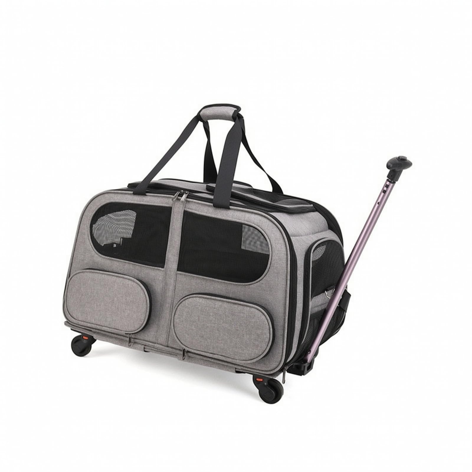 Transportín con ruedas gris para viajes cómodos y seguros en coche con tu mascota