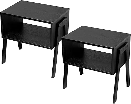 Forevich Juego de 2 mesas auxiliares de bambú para dormitorio, sala de estar, mesas auxiliares apilables con estante de almacenamiento abierto para