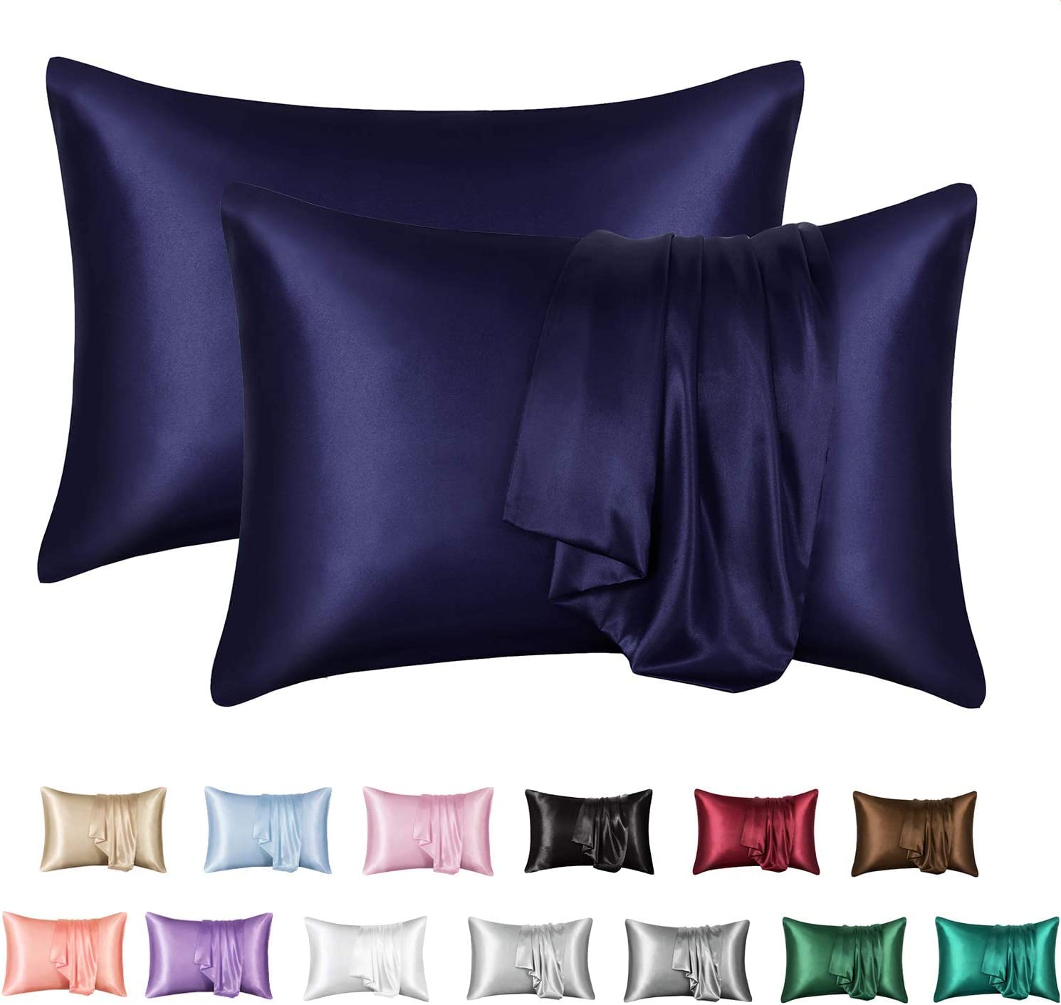 SKS Linen Mulberry Silk 6A Graded (19 Momme) Pillow Shams with Envelope Closure Sateen Weave 2 PCs by (Queen 20'' x 30'', Navy)