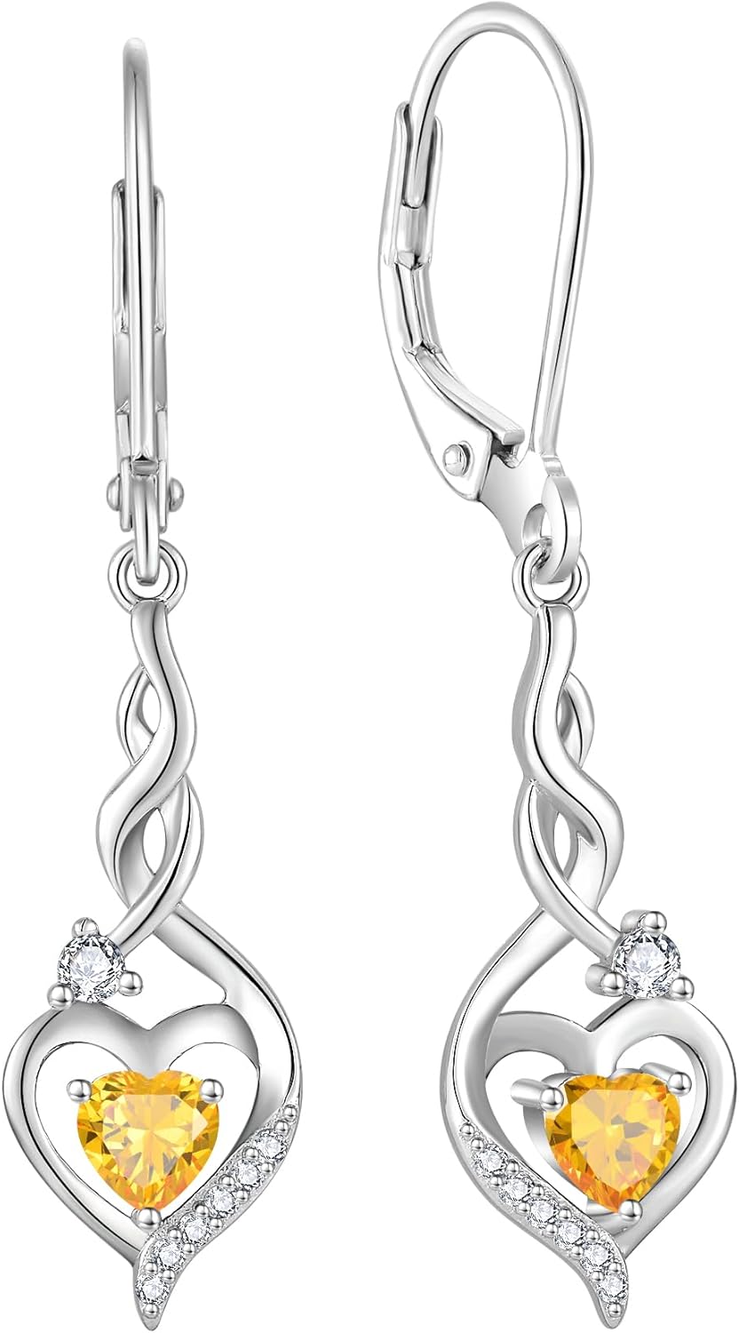 Infinity Dangle Drop Earrings for Women 925 Sterling Silver Heart Leverback Twisted Earrings with Birthstone Jewelry Gifts for Her